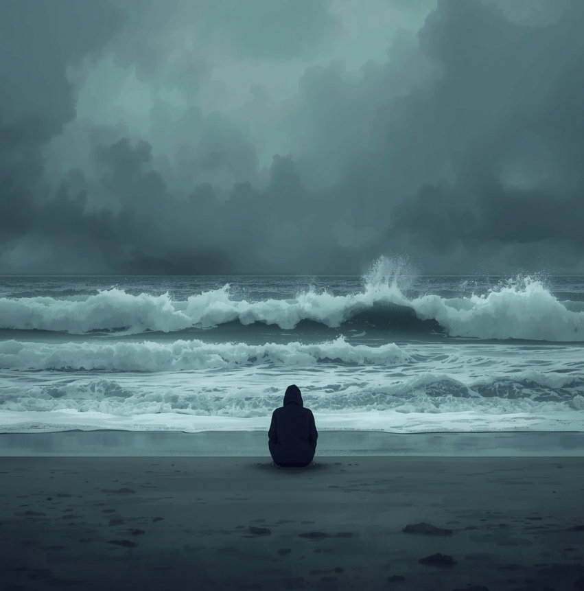 A person sitting on a beach looking out to sea